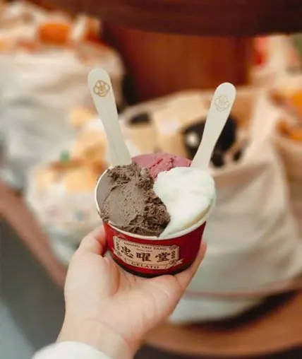 Cốc gelato 忠曜堂 hai vị (nâu và trắng) cắm hai thìa nhỏ