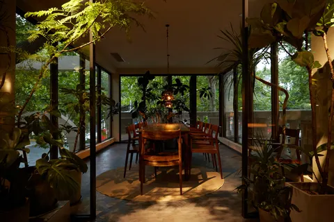 Góc ngồi trong phòng kính của 一尺花园 香樟花园店: bàn gỗ dưới đèn thả, cây lớn trong chậu, bên ngoài là vườn cây xanh