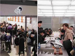 Dòng khách xếp hàng dài bên trong quầy 喜茶 heytea lab, kệ trưng bày hũ trà phía sau quầy order
